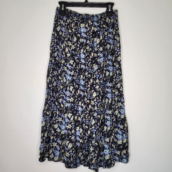 Vintage Ship'n Shore Floral Blue A-line Midi Skirt Buttons M - Picture 4 of 8